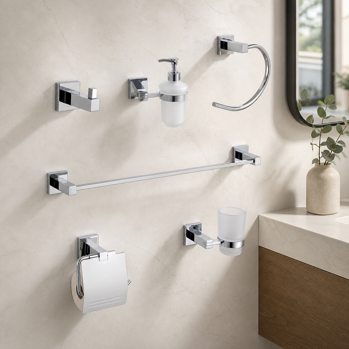 Kit cromado de seis accesorios instalado en un baño contemporáneo
