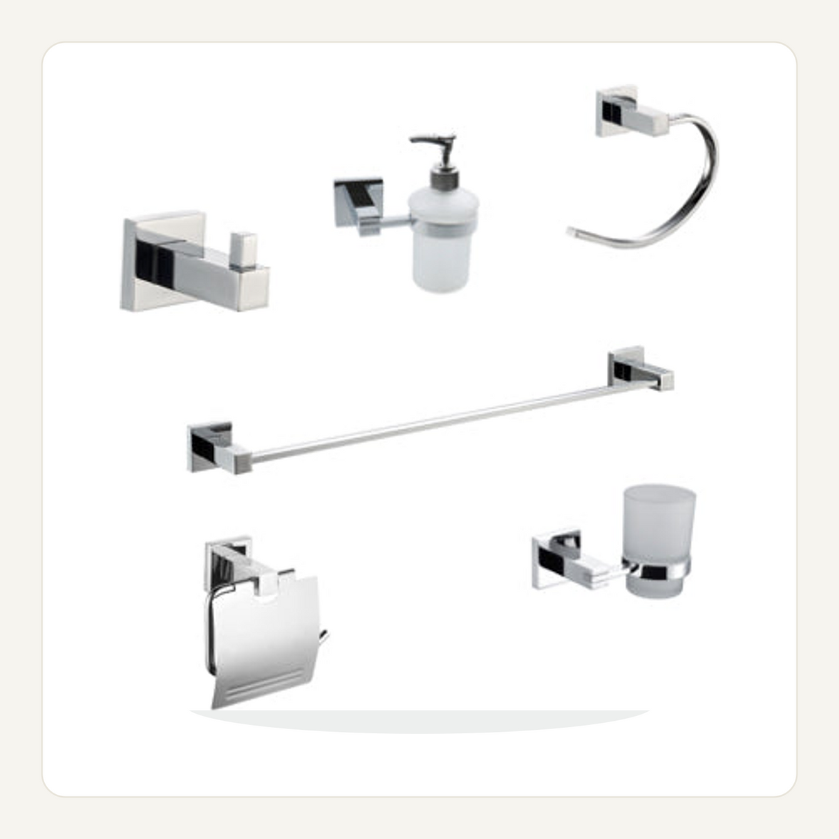 Seis piezas completas del kit cromado de accesorios sobre fondo claro