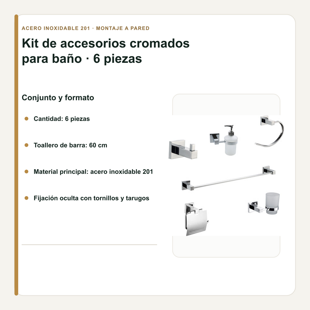 Cantidad, material y medida del toallero del kit de baño