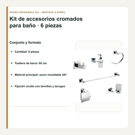 Kit de Accesorios de Baño Cromado de 6 Piezas