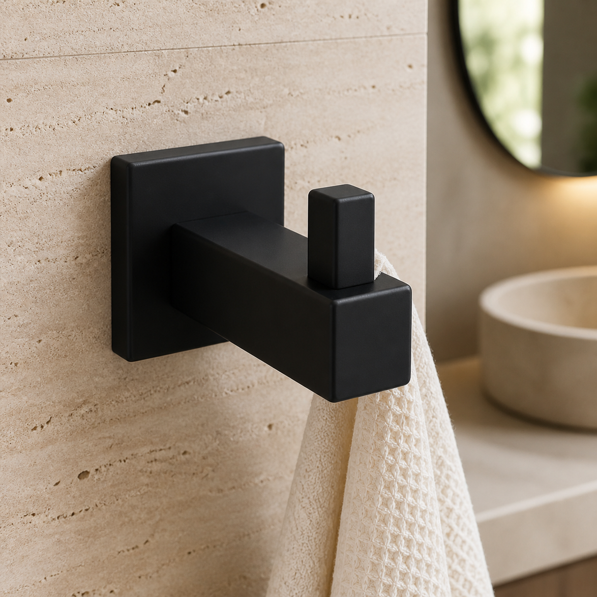 Perchero negro satinado instalado en pared clara de un baño moderno