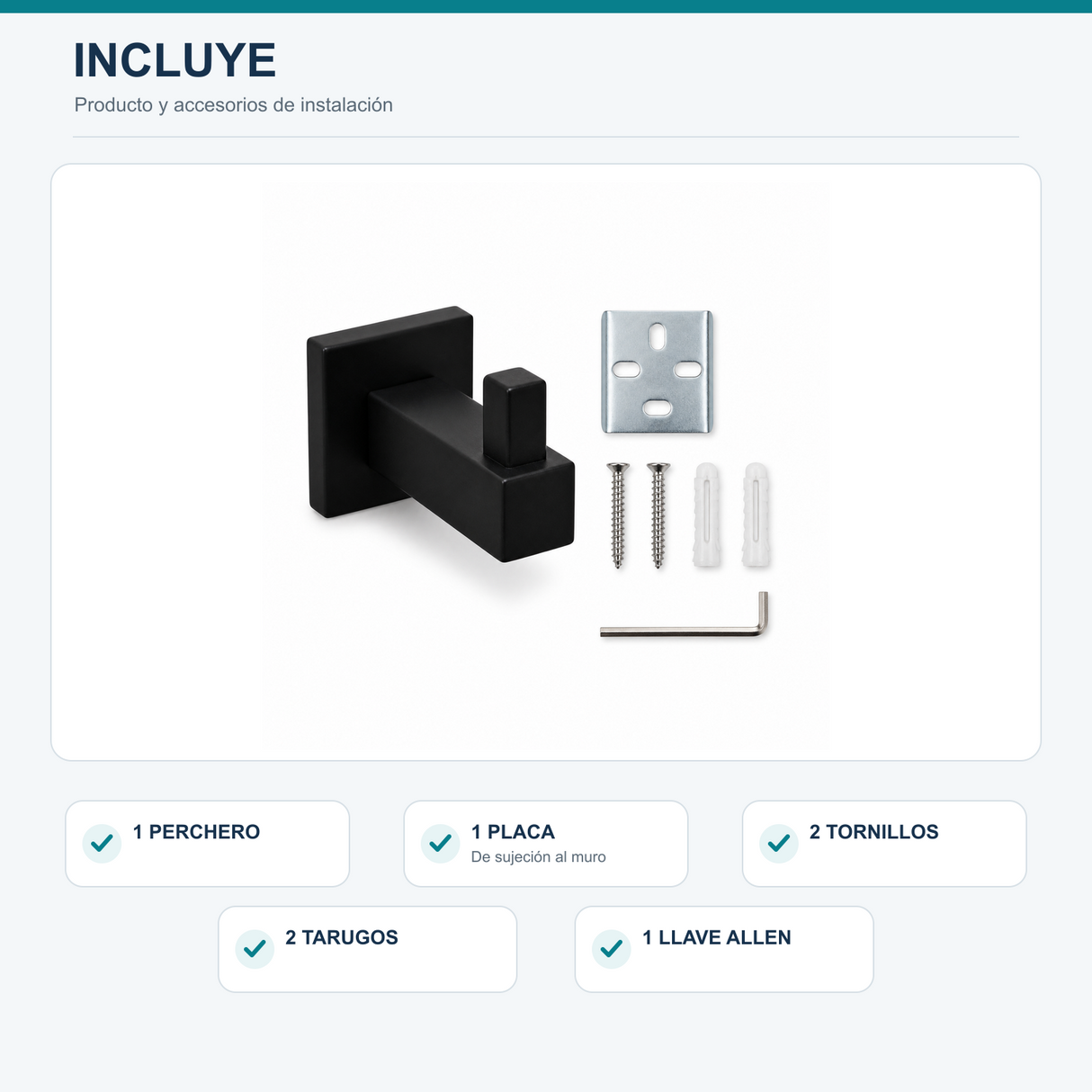 Contenido incluido: perchero, placa, dos tornillos, dos tarugos y llave Allen