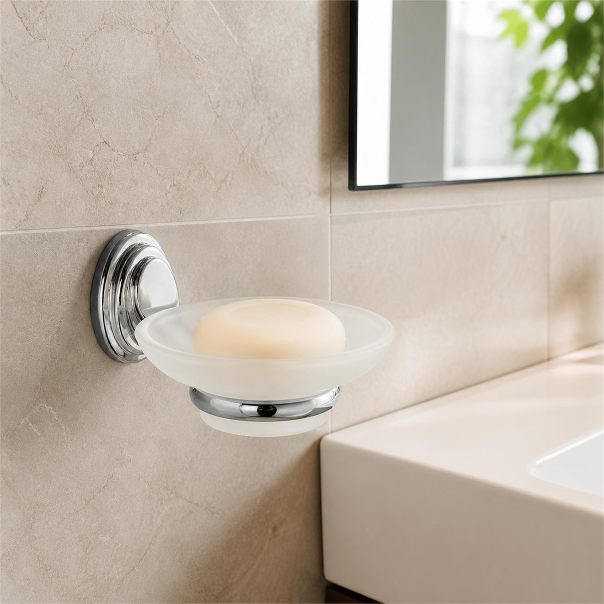 Jabonera de vidrio cromada Colomba instalada junto al lavamanos