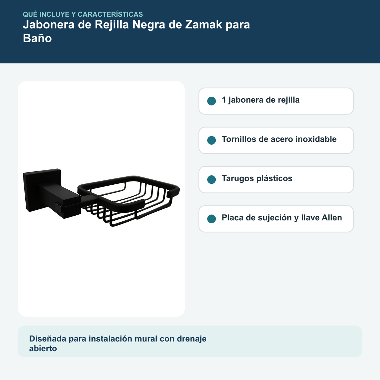 Contenido y características del jabonera de rejilla negra de zamak para baño
