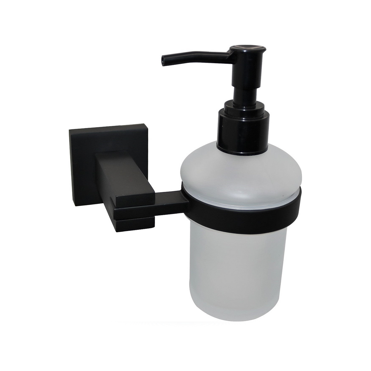 Dispensador de Jabón Negro con Botella de Vidrio Esmerilado de 180 ml completo sobre fondo blanco profesional
