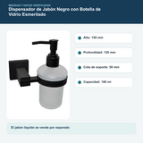 Medidas y datos verificados del dispensador de jabón negro con botella de vidrio esmerilado de 180 ml