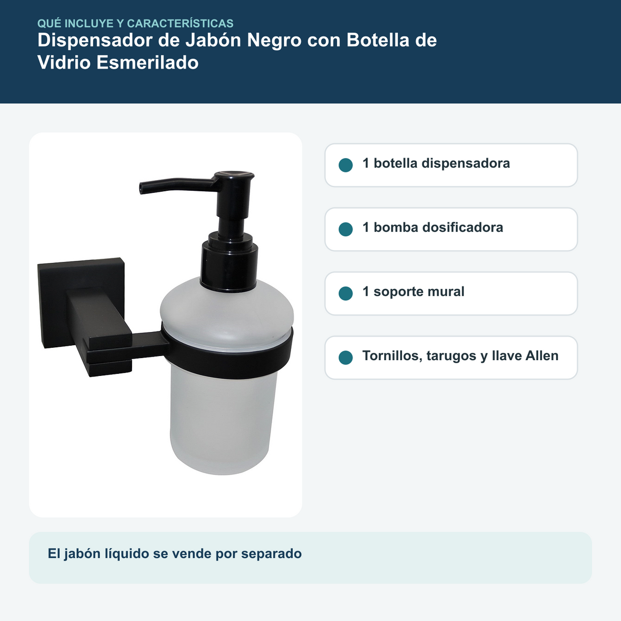 Contenido y características del dispensador de jabón negro con botella de vidrio esmerilado de 180 ml