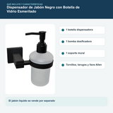 Contenido y características del dispensador de jabón negro con botella de vidrio esmerilado de 180 ml