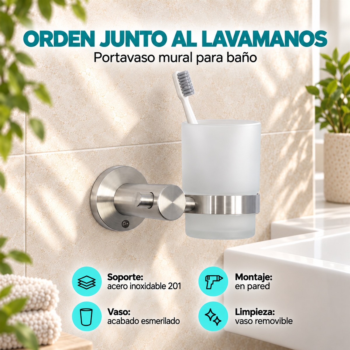 Características del portavaso mural TAUMM con soporte de acero inoxidable 201 y vaso esmerilado