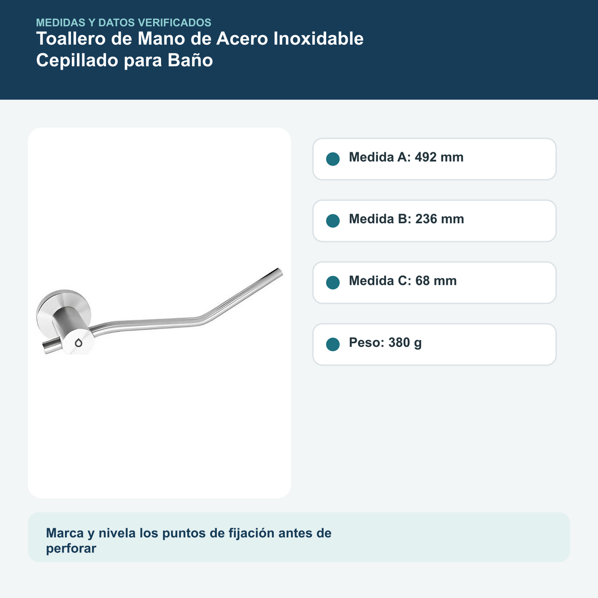 Medidas y datos verificados del toallero de mano de acero inoxidable cepillado para baño
