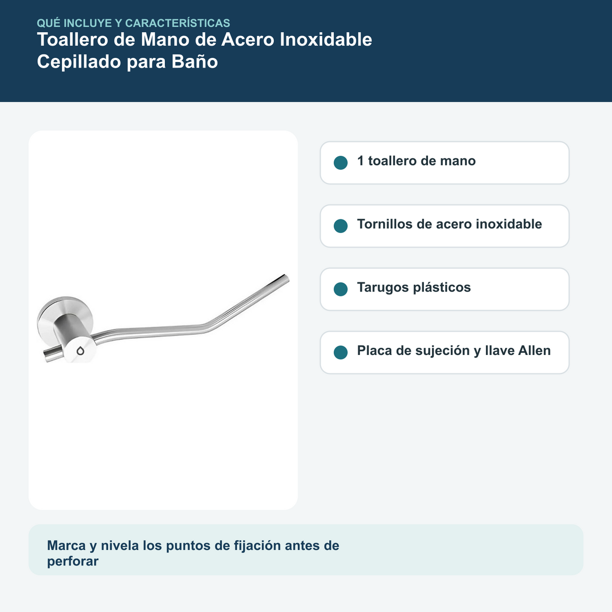 Contenido y características del toallero de mano de acero inoxidable cepillado para baño
