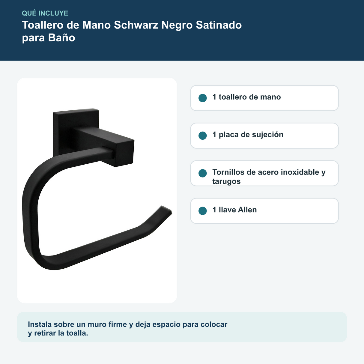 Contenido y características del toallero de mano schwarz negro satinado para baño