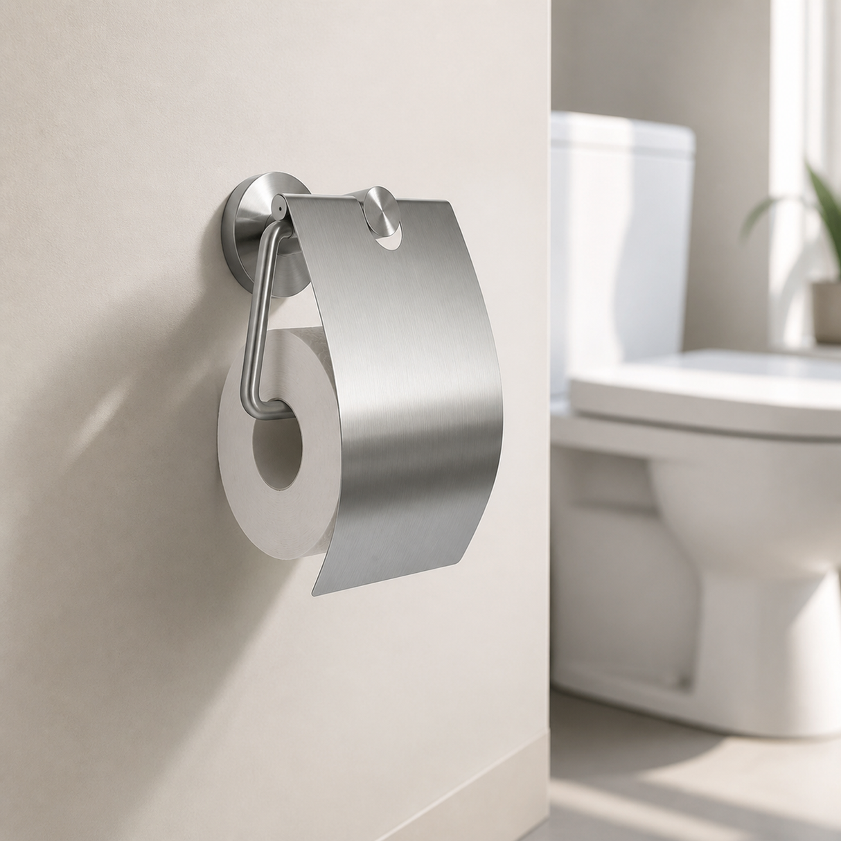 Portarrollos de Acero Inoxidable Cepillado con Tapa instalado en un ambiente moderno y bien iluminado