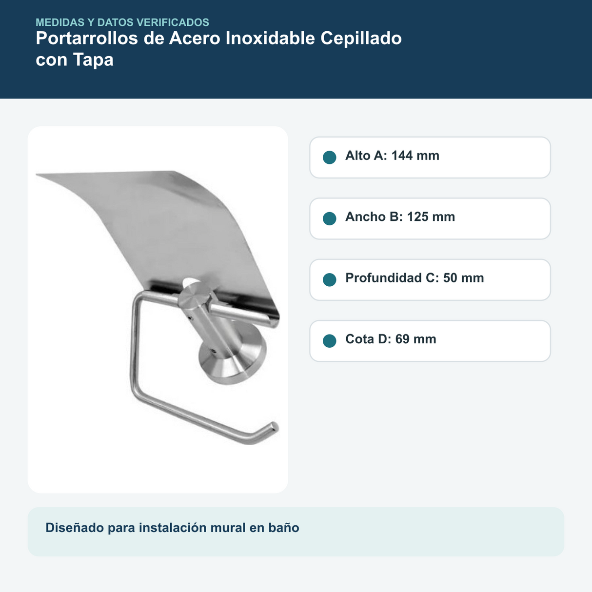 Medidas y datos verificados del portarrollos de acero inoxidable cepillado con tapa