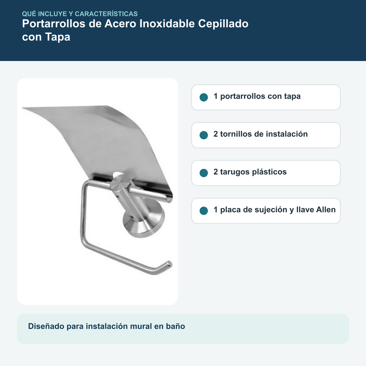 Contenido y características del portarrollos de acero inoxidable cepillado con tapa