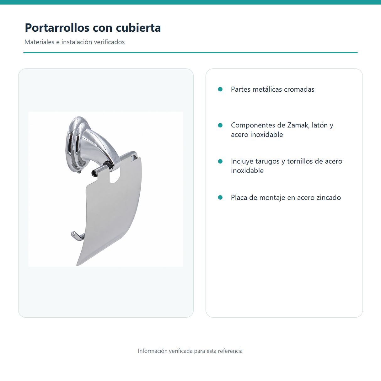 Materiales, fijaciones y contenido verificados del portarrollos con cubierta