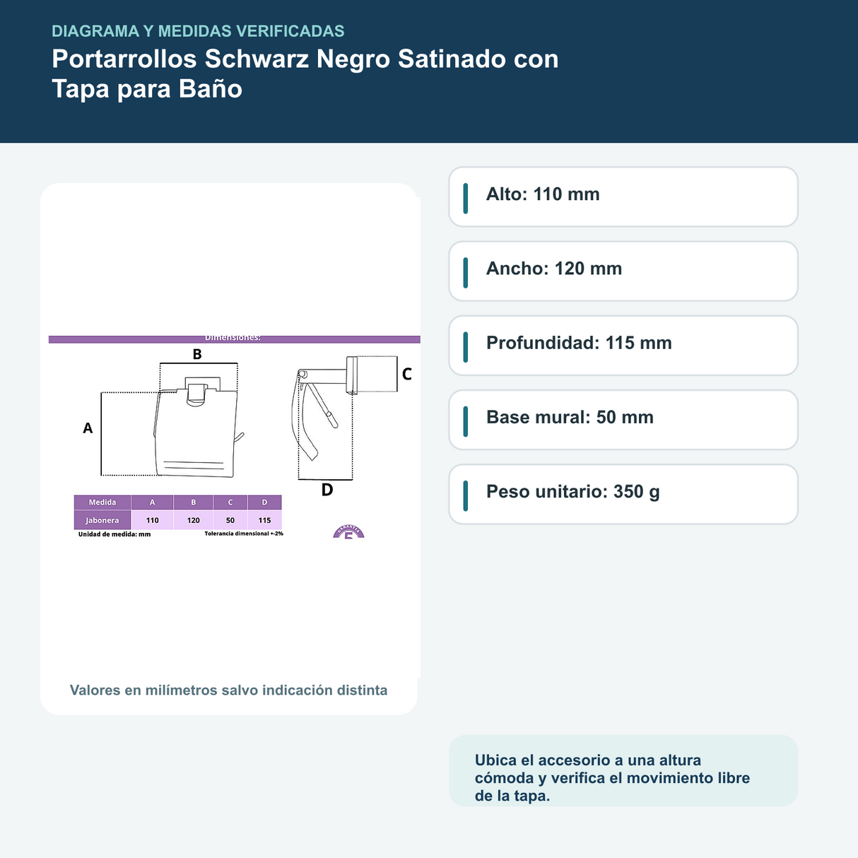 Diagrama o datos verificados del portarrollos schwarz negro satinado con tapa para baño