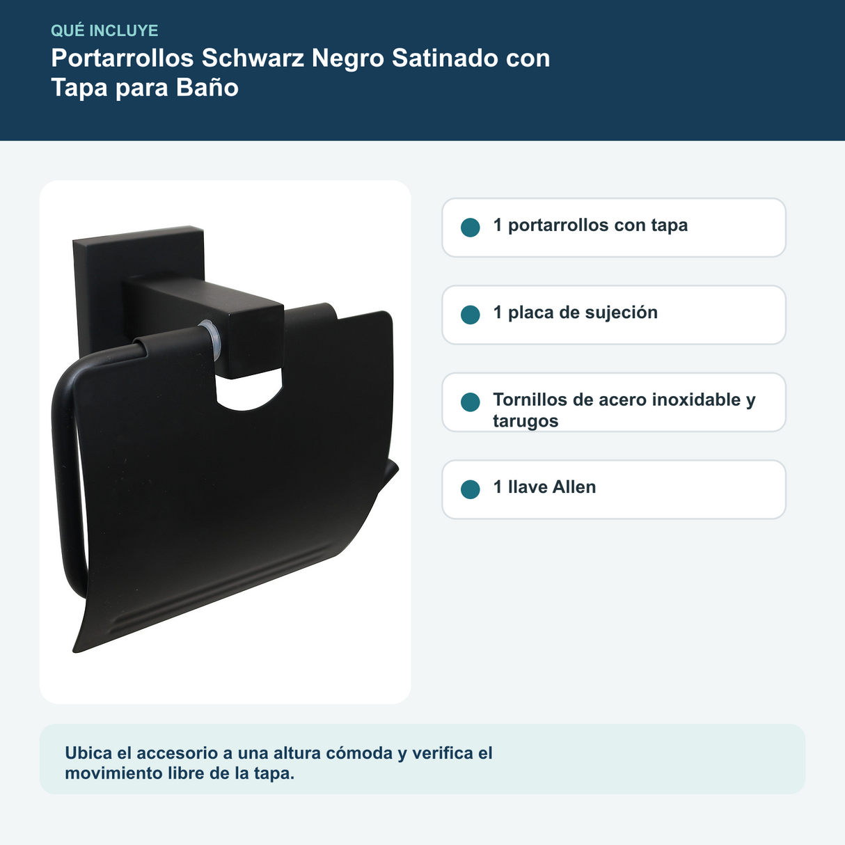 Contenido y características del portarrollos schwarz negro satinado con tapa para baño