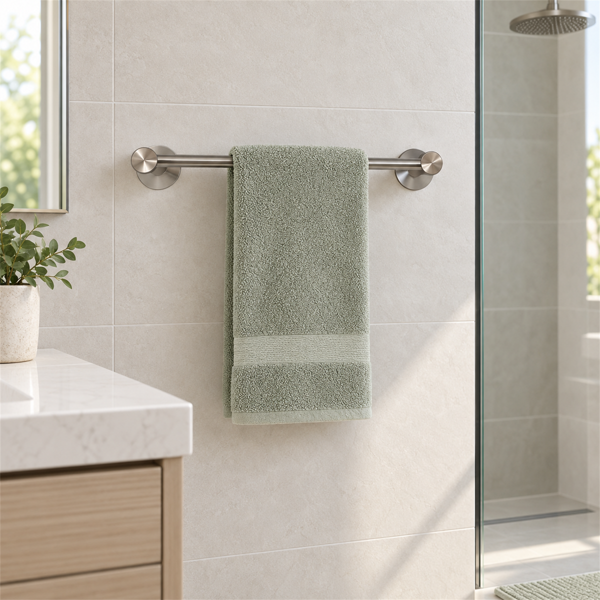 Toallero de barra Swertt cromado de 61 cm instalado en baño