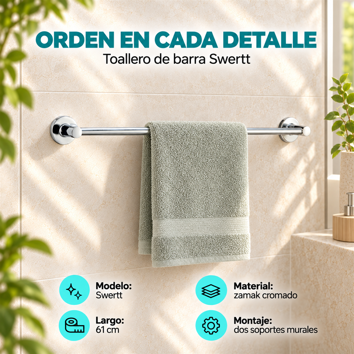 Características del toallero de barra Swertt TAUMM cromado de 61 cm