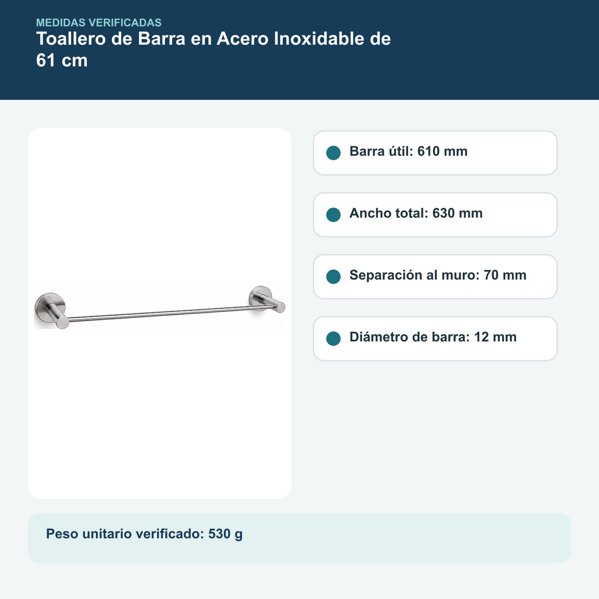 Medidas y datos verificados del toallero de barra en acero inoxidable de 61 cm