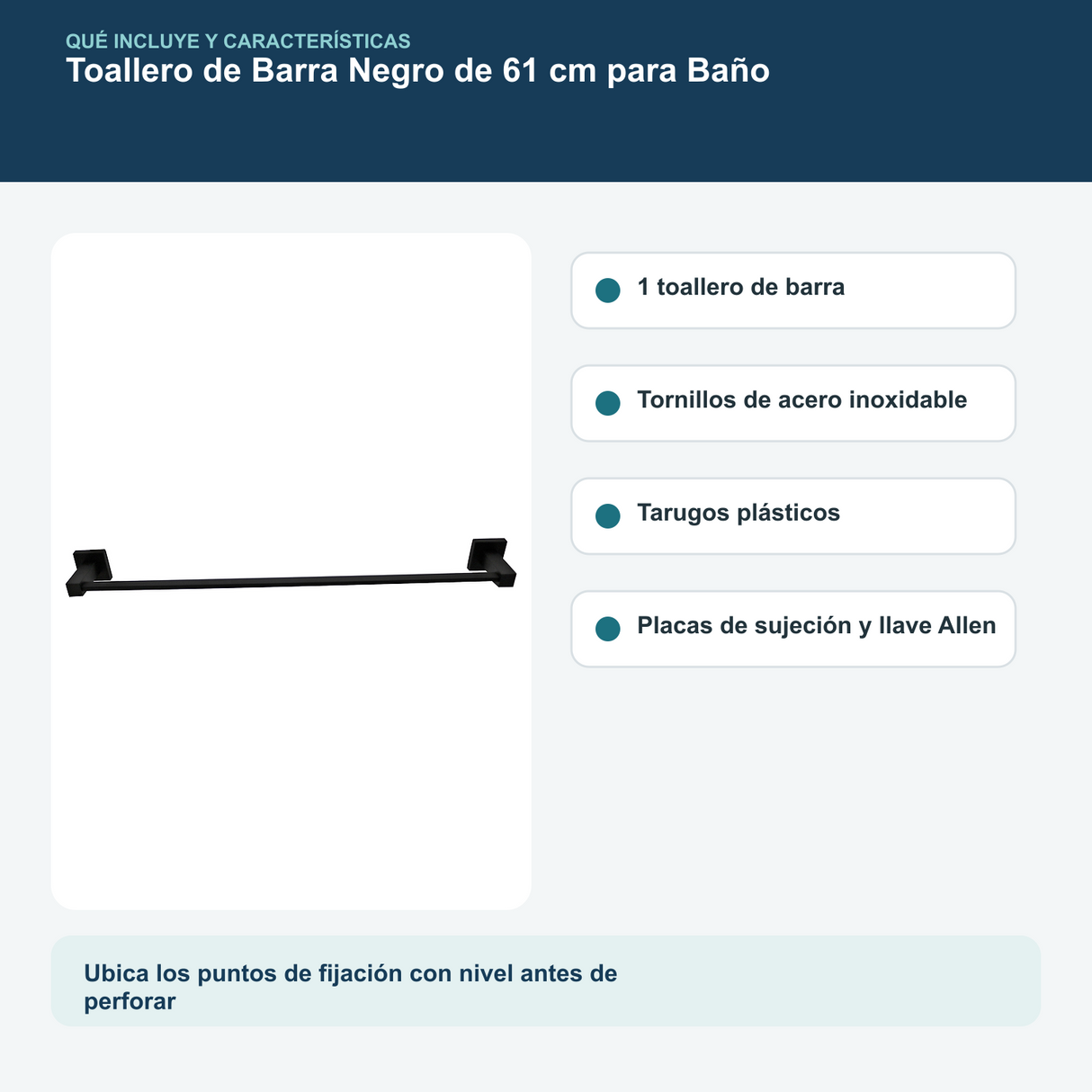 Contenido y características del toallero de barra negro de 61 cm para baño