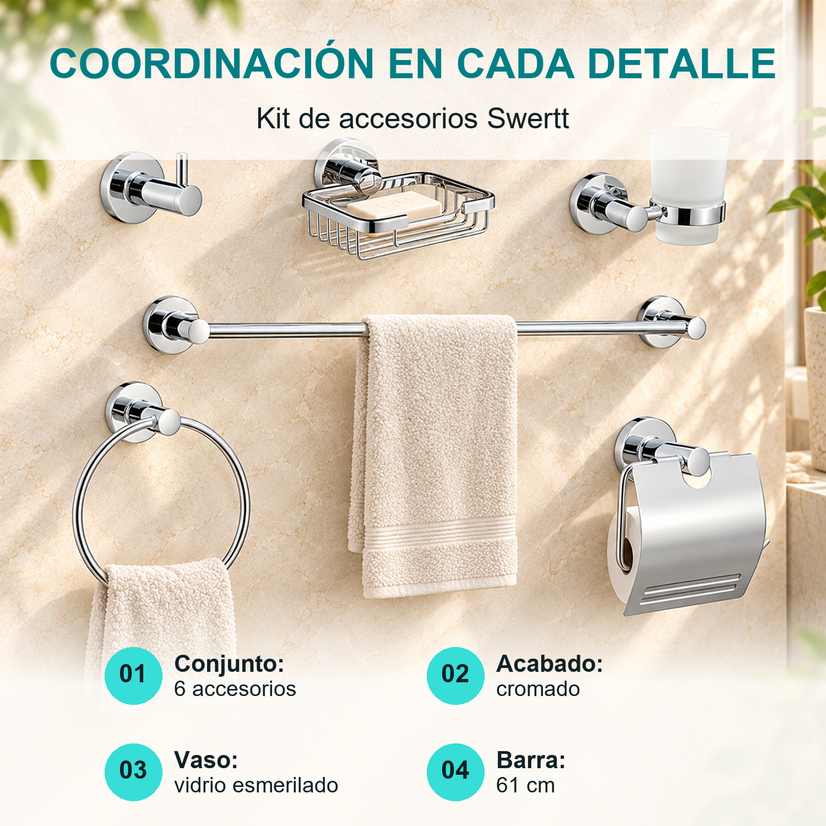 Kit de Accesorios de Baño Swertt 6 Piezas Cromado - caracteristicas