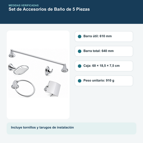 Set de Accesorios de Baño Colomba Cromado de 5 Piezas