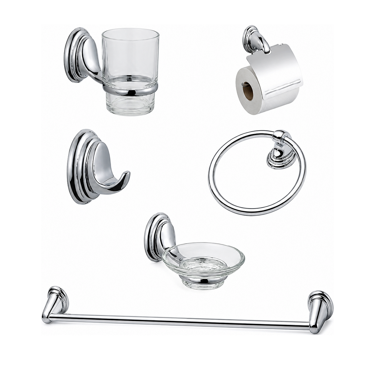 Kit completo de seis accesorios de baño sobre fondo blanco