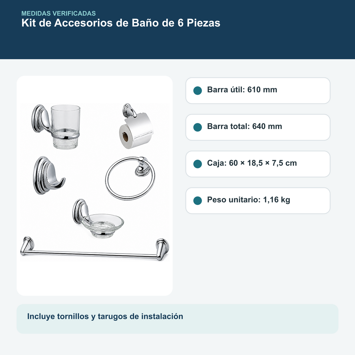 Barra, empaque y peso del kit de seis accesorios