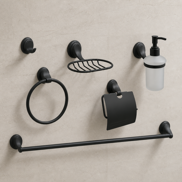 Seis accesorios negros instalados en una pared de baño