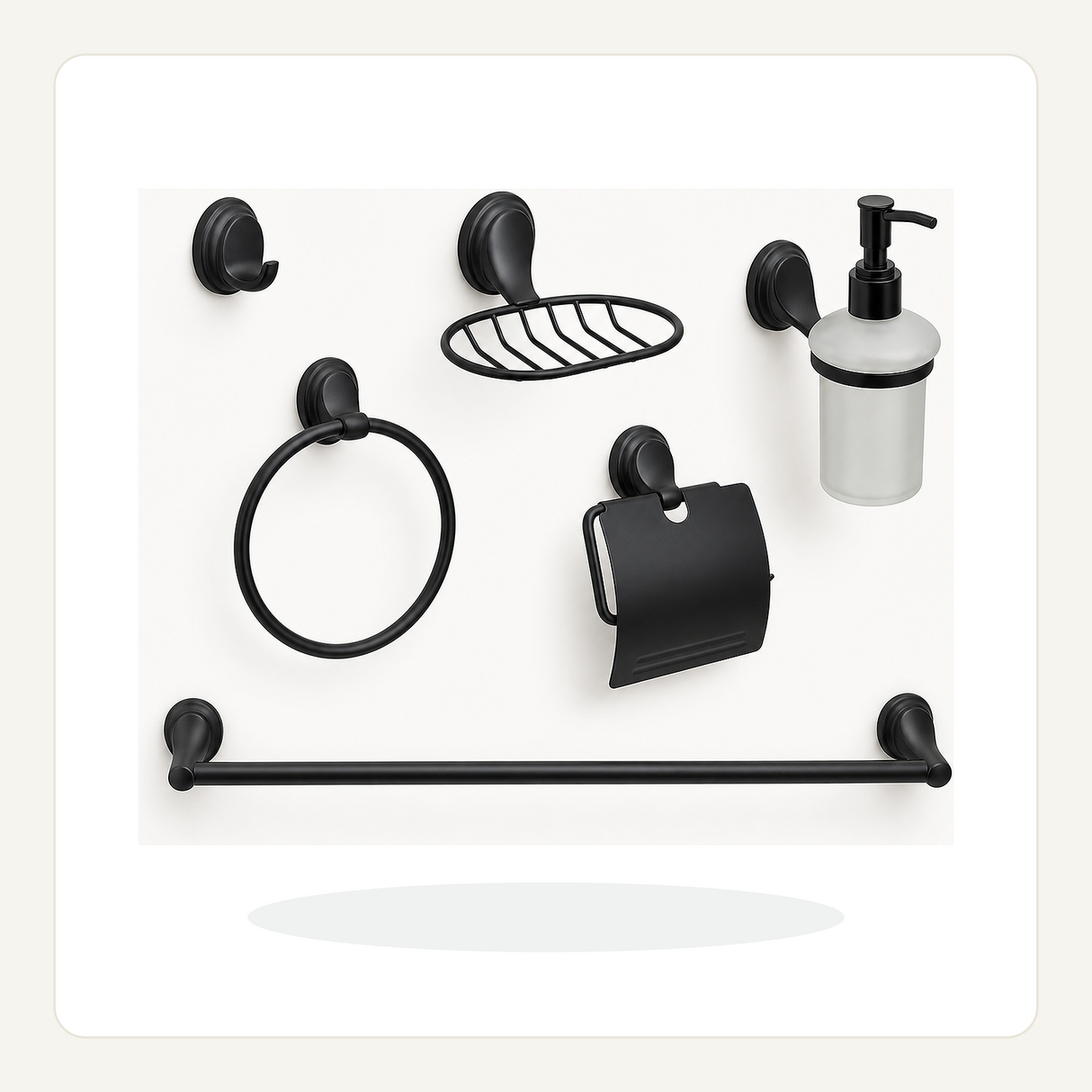 Set completo de seis accesorios de baño sobre fondo claro