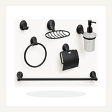 Set completo de seis accesorios de baño sobre fondo claro