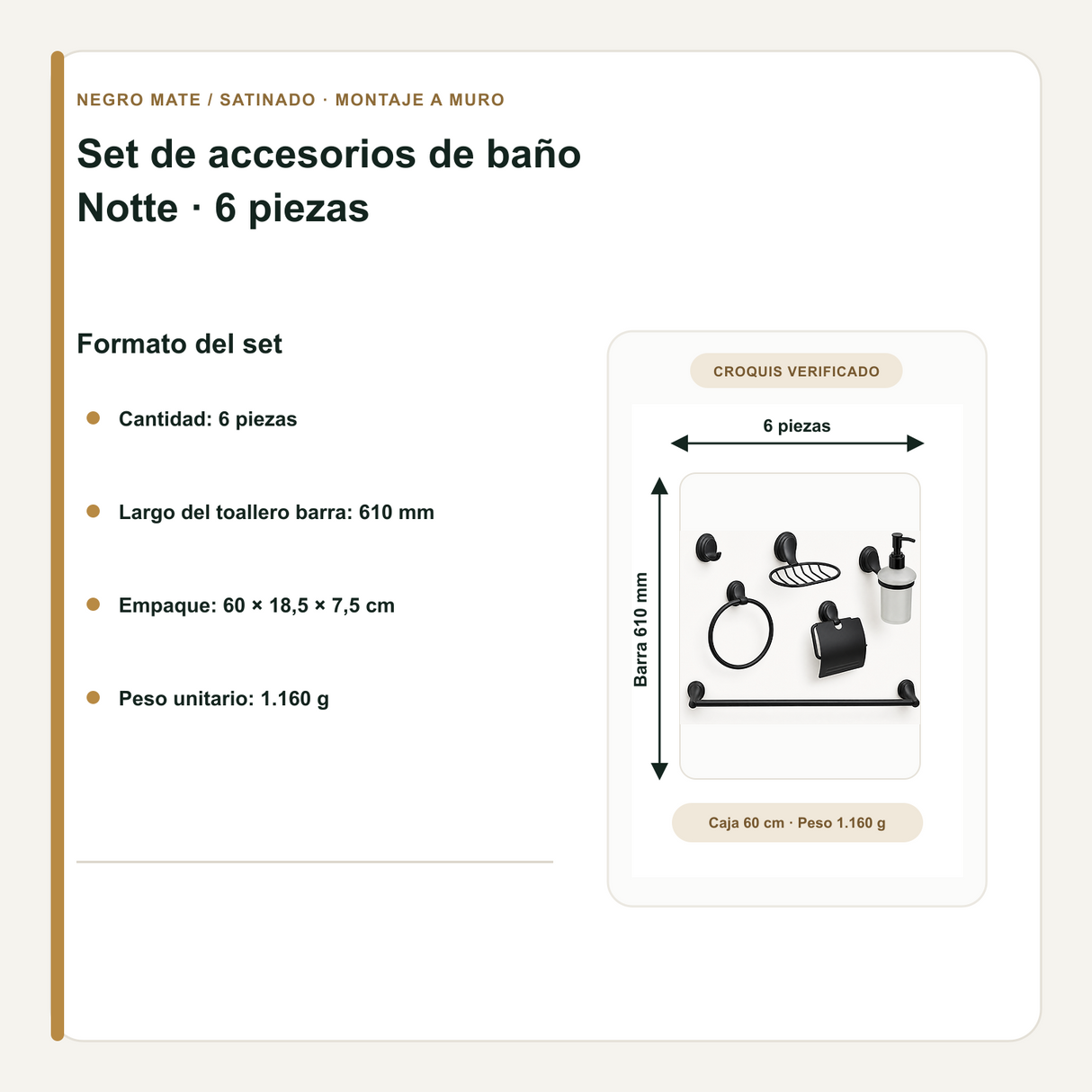 Cantidad, barra, empaque y peso del set de baño