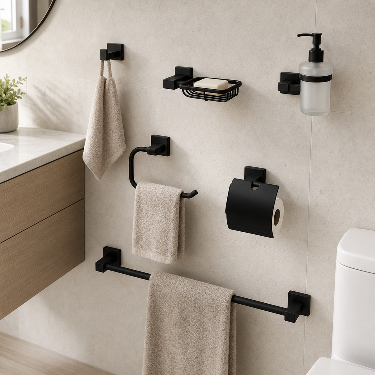 Kit negro de seis accesorios instalado en un baño contemporáneo