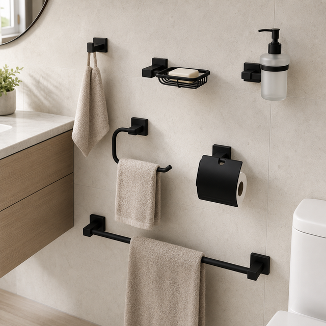 Kit negro de seis accesorios instalado en un baño contemporáneo