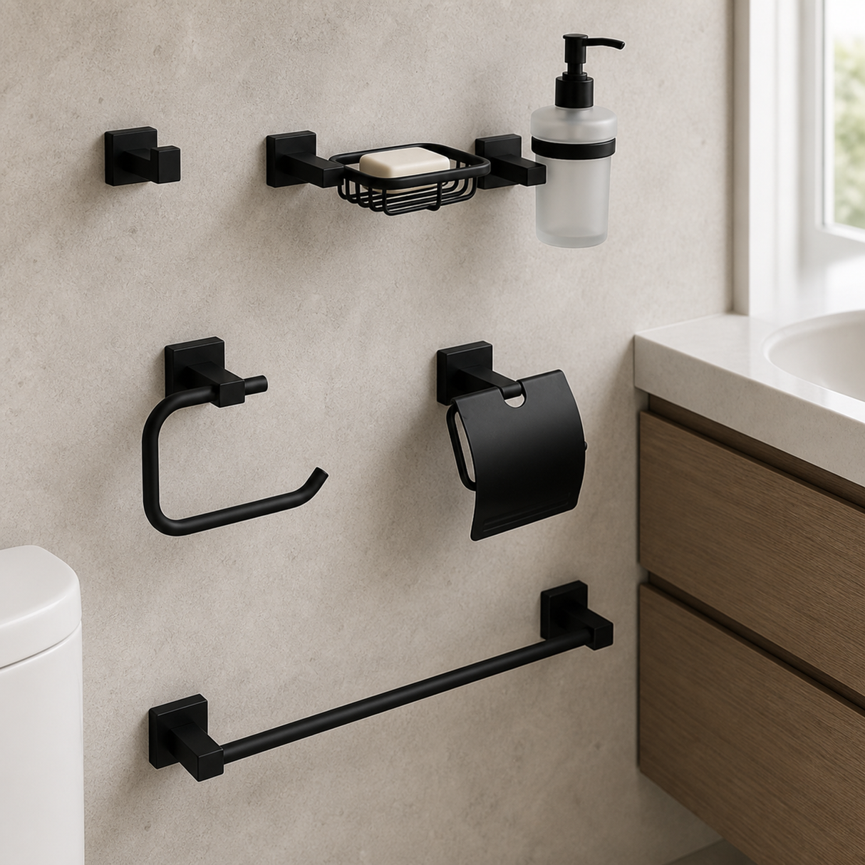 Segunda perspectiva del kit negro de accesorios para baño