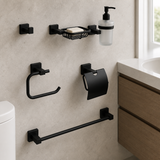 Segunda perspectiva del kit negro de accesorios para baño