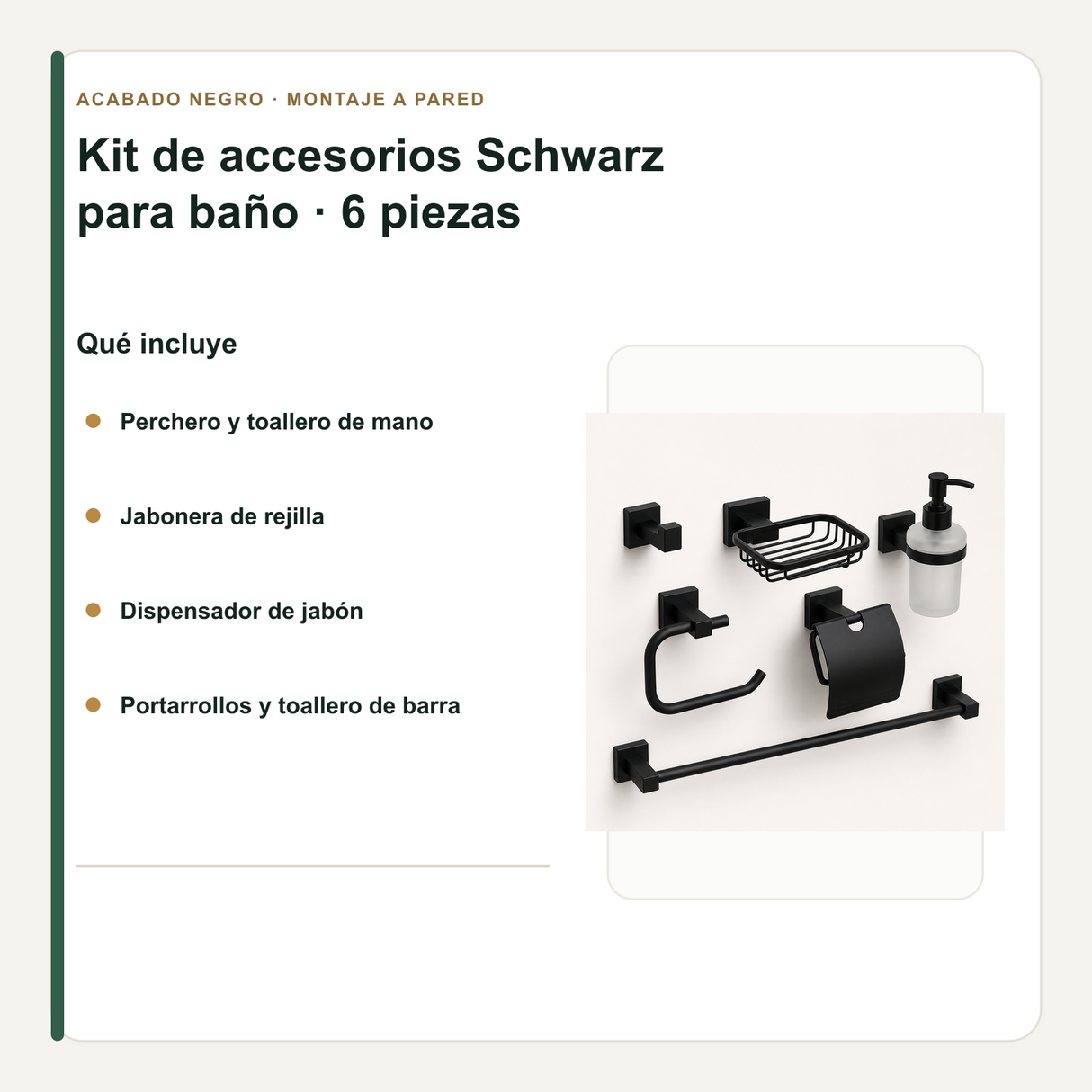 Qué incluye el kit negro de seis accesorios para baño