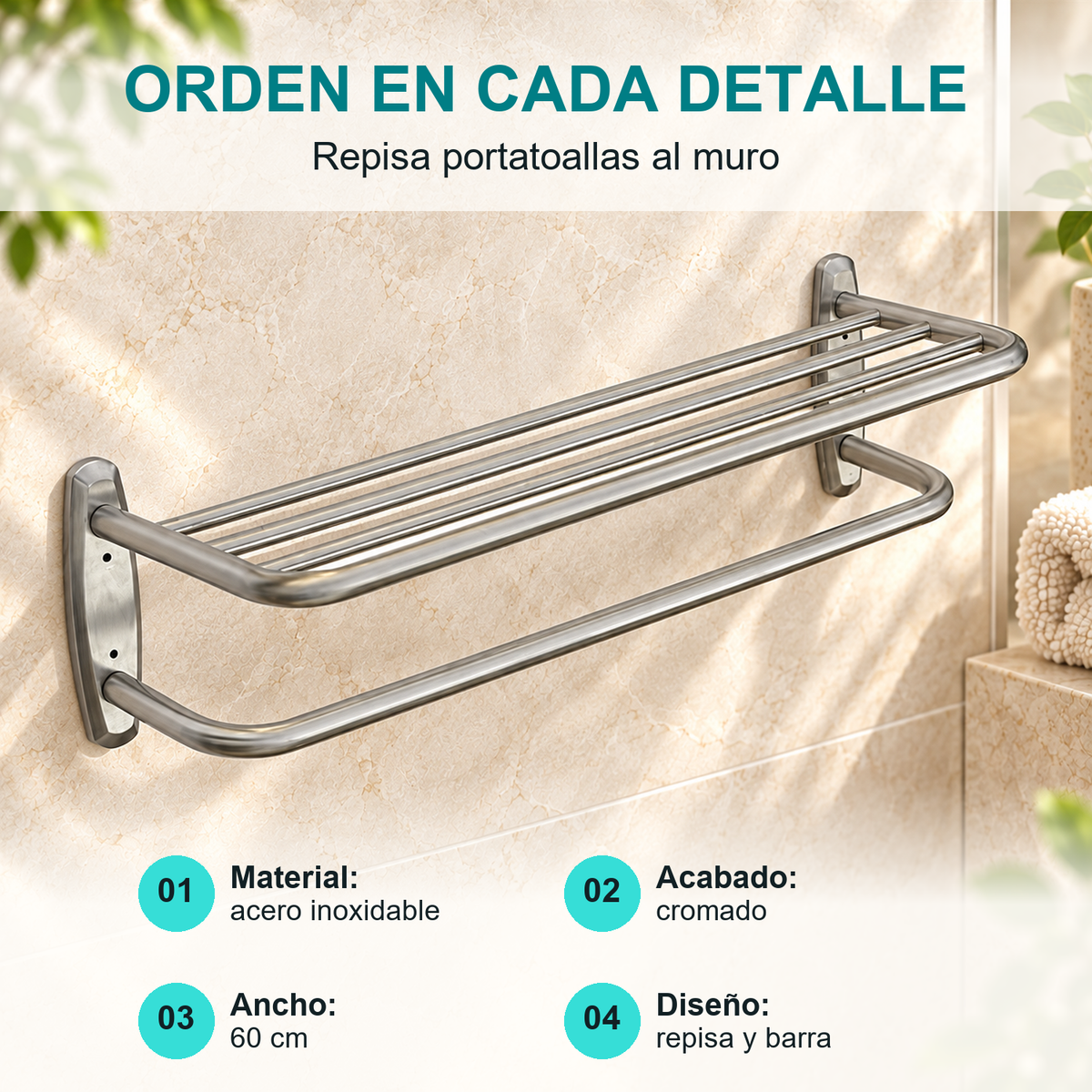 Repisa Portatoallas de Muro 60 cm Cromada - caracteristicas