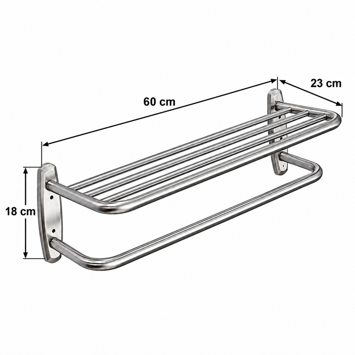 Repisa portatoallas cromada de muro: largo 60 cm, profundidad 23 cm y alto 18 cm