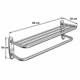 Repisa portatoallas cromada de muro: largo 60 cm, profundidad 23 cm y alto 18 cm