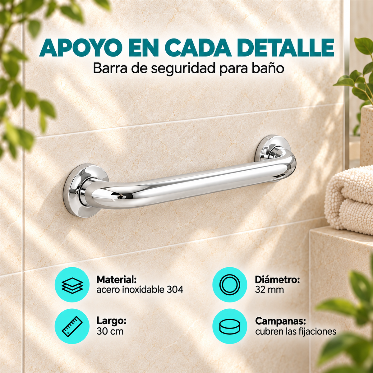 Características de la barra de seguridad TAUMM 031200102-T en acero inoxidable 304 de 30 cm