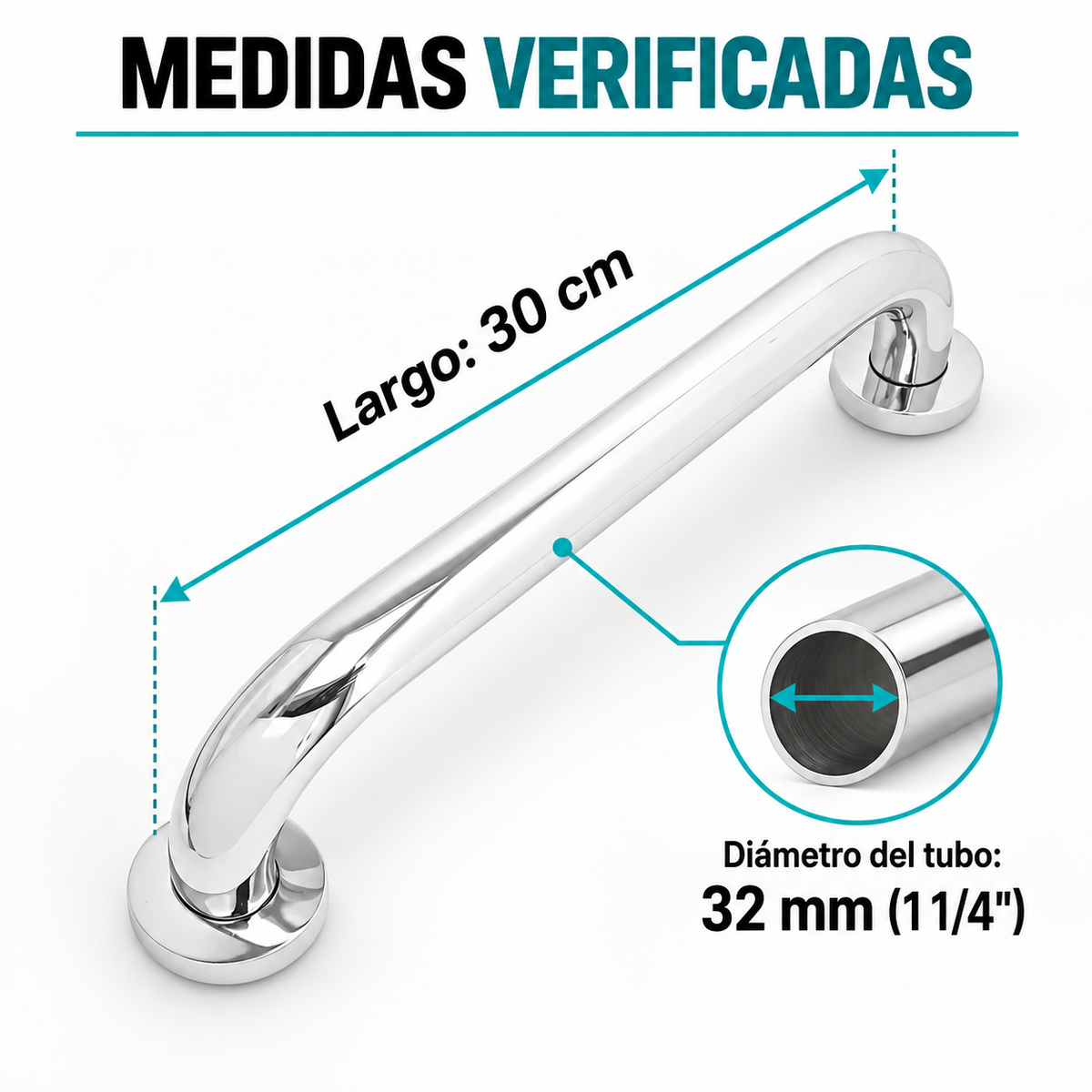 Medidas verificadas de la barra de seguridad TAUMM 031200102-T: largo 30 cm y diámetro 32 mm