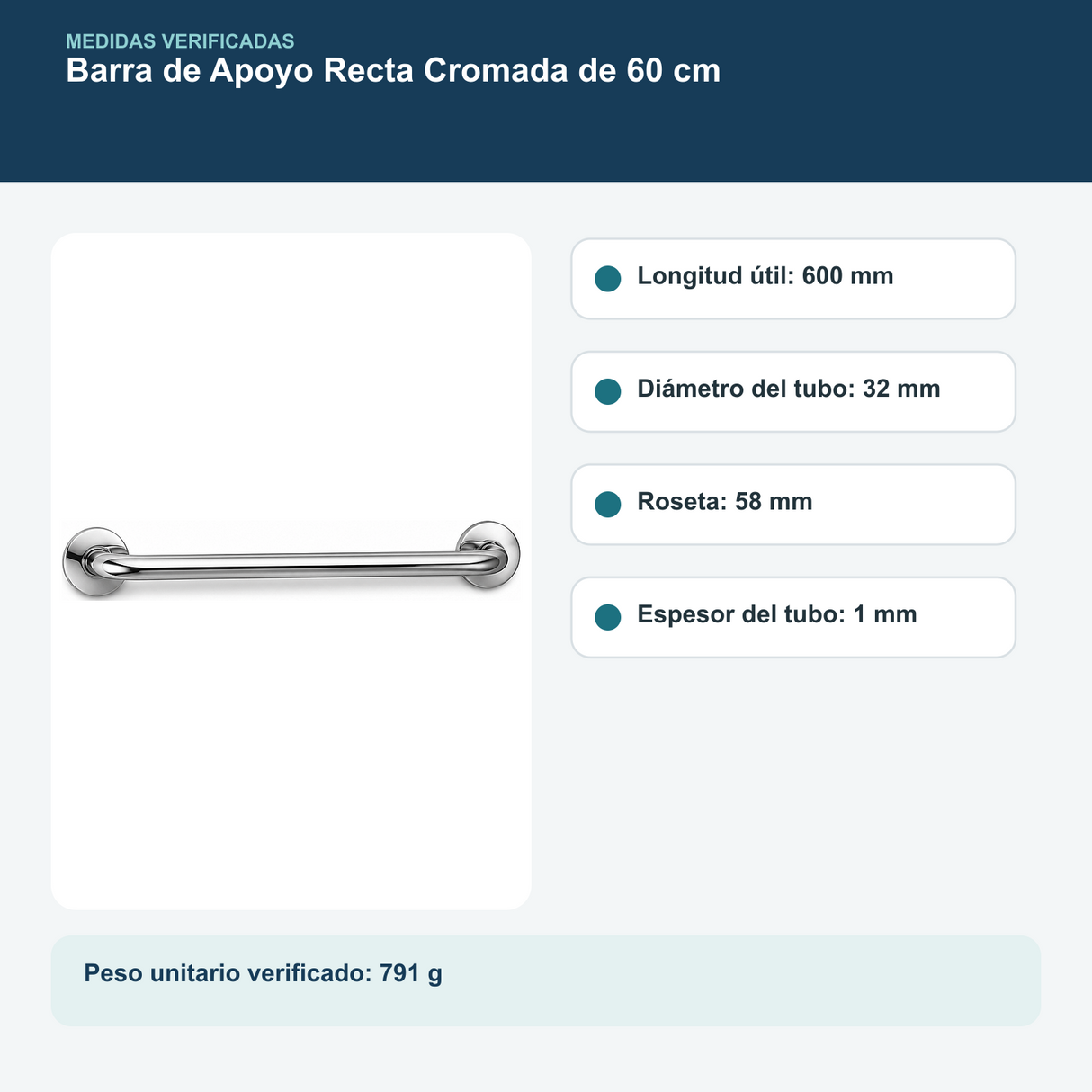 Medidas y datos verificados del barra de seguridad recta cromada de 60 cm