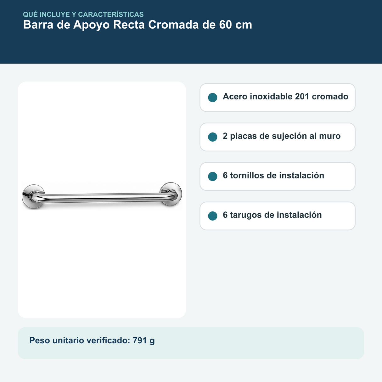 Contenido y características del barra de seguridad recta cromada de 60 cm