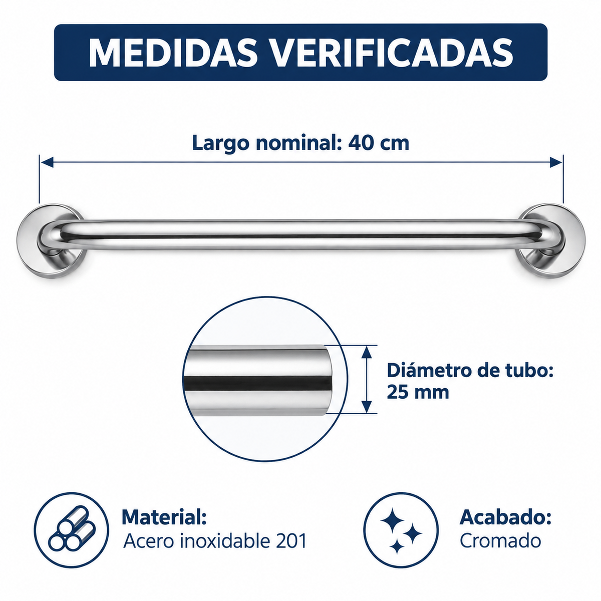 Agarradera recta de 40 cm con medidas verificadas