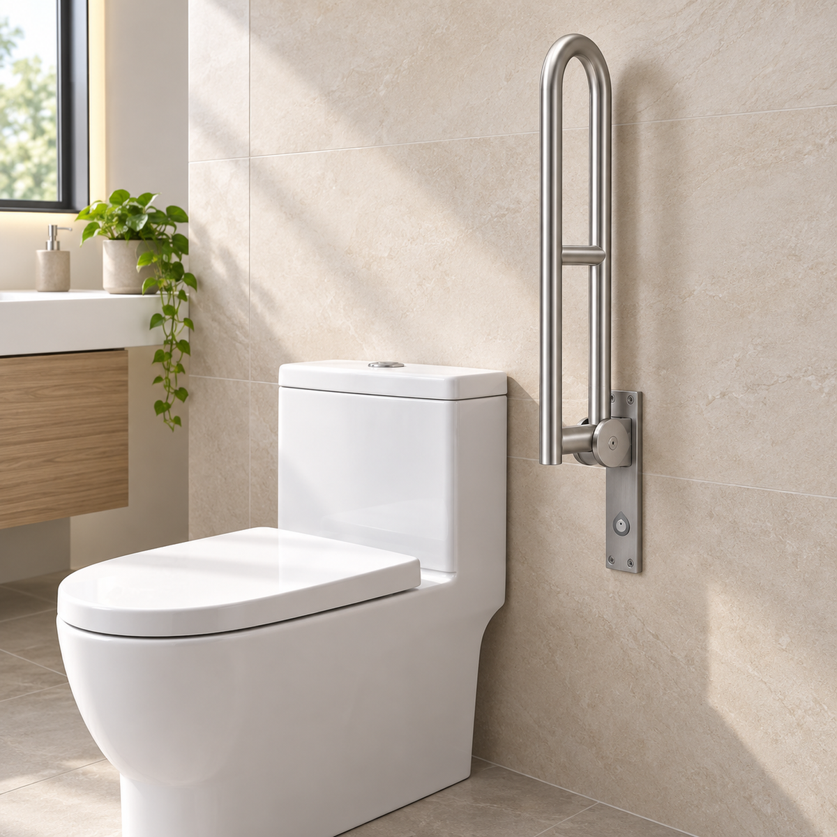 Barra abatible de 70 cm elevada para liberar espacio en el baño