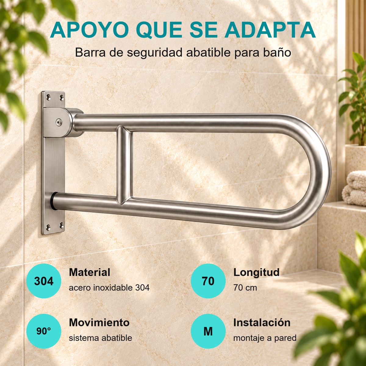 Características de la barra abatible : acero inoxidable 304, longitud de 70 cm, sistema abatible y montaje a pared