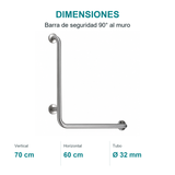 Barra de Seguridad 90° al Muro 70 × 60 cm Acero 304 - medidas